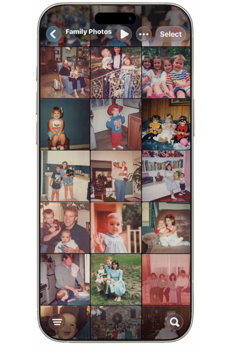 Scanned family photos displayed on a phone